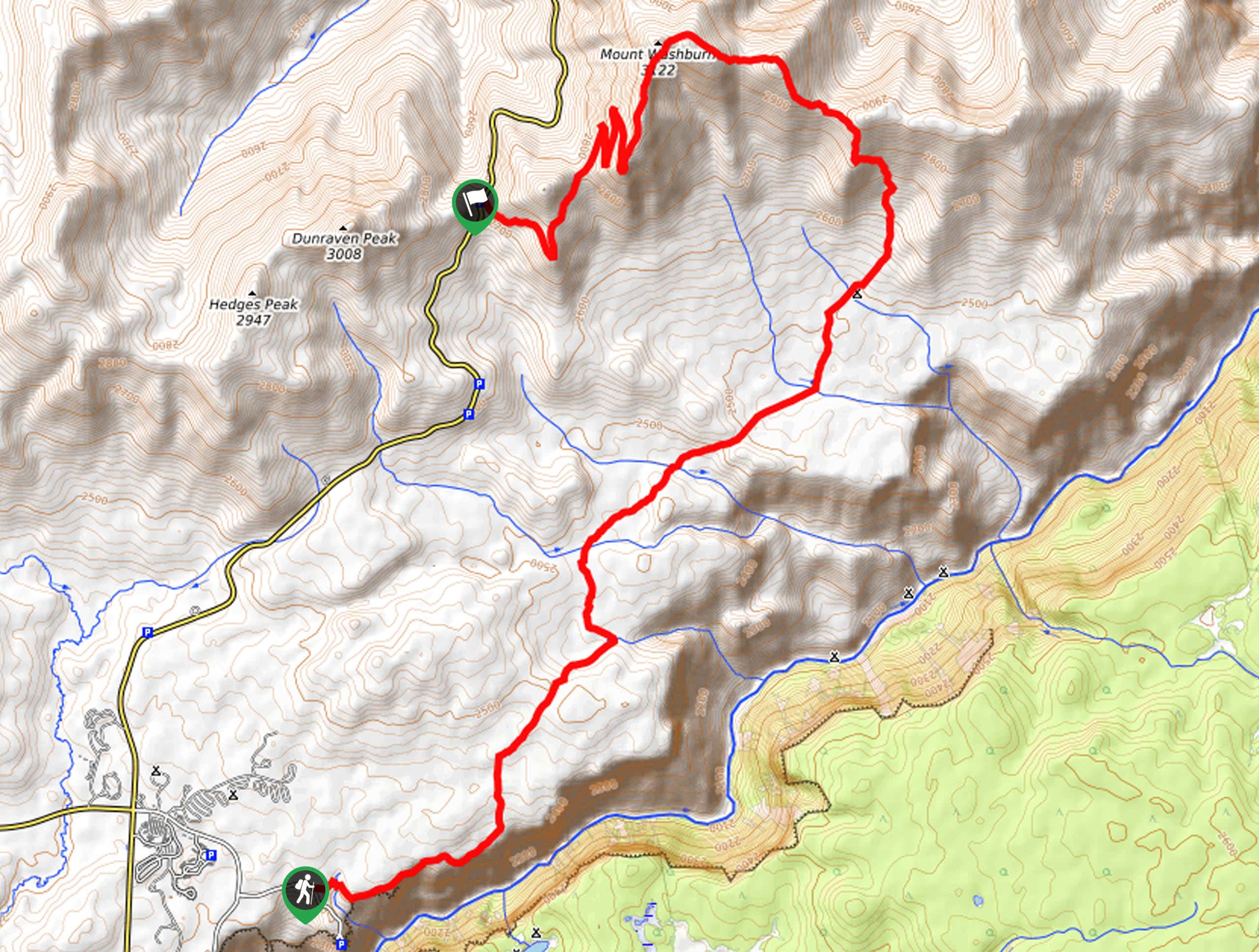 Hike from Seven Mile Hole to Mount Washburn Spur Map